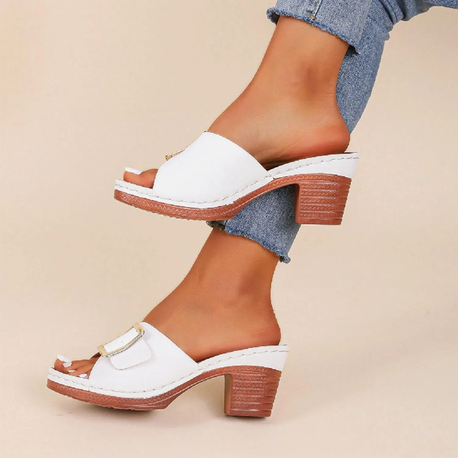 Women High Heel Slide Sandals Summer Dressy Chunky Heels Slippers Elegant Slip on with Buckle 2025 New