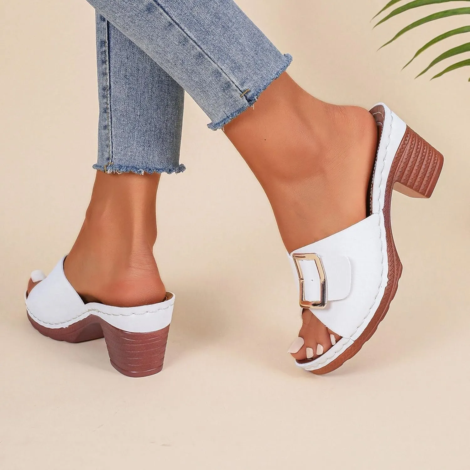 Women High Heel Slide Sandals Summer Dressy Chunky Heels Slippers Elegant Slip on with Buckle 2025 New