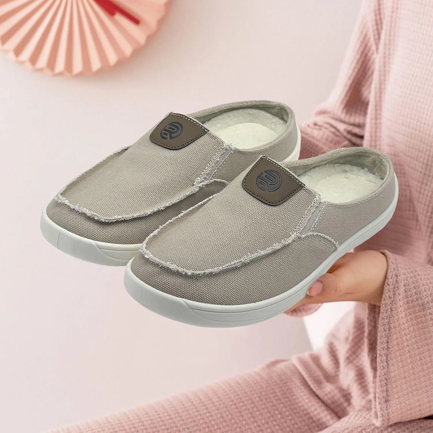 Women Mens Mules Sneakers Winter Warm with Fur Lined Slip-on Mules Slippers Indoor Outdoor Comfort Walking Canvas