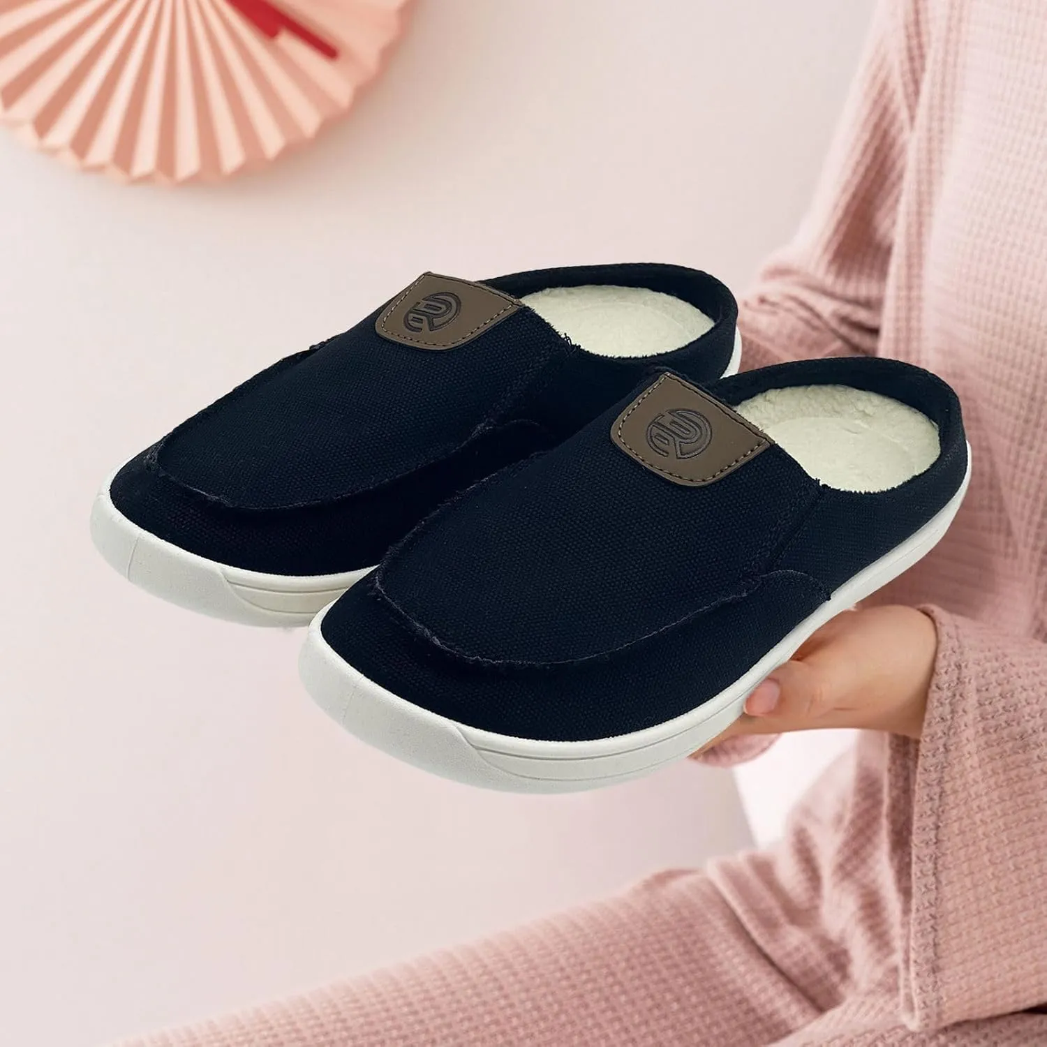 Women Mens Mules Sneakers Winter Warm with Fur Lined Slip-on Mules Slippers Indoor Outdoor Comfort Walking Canvas
