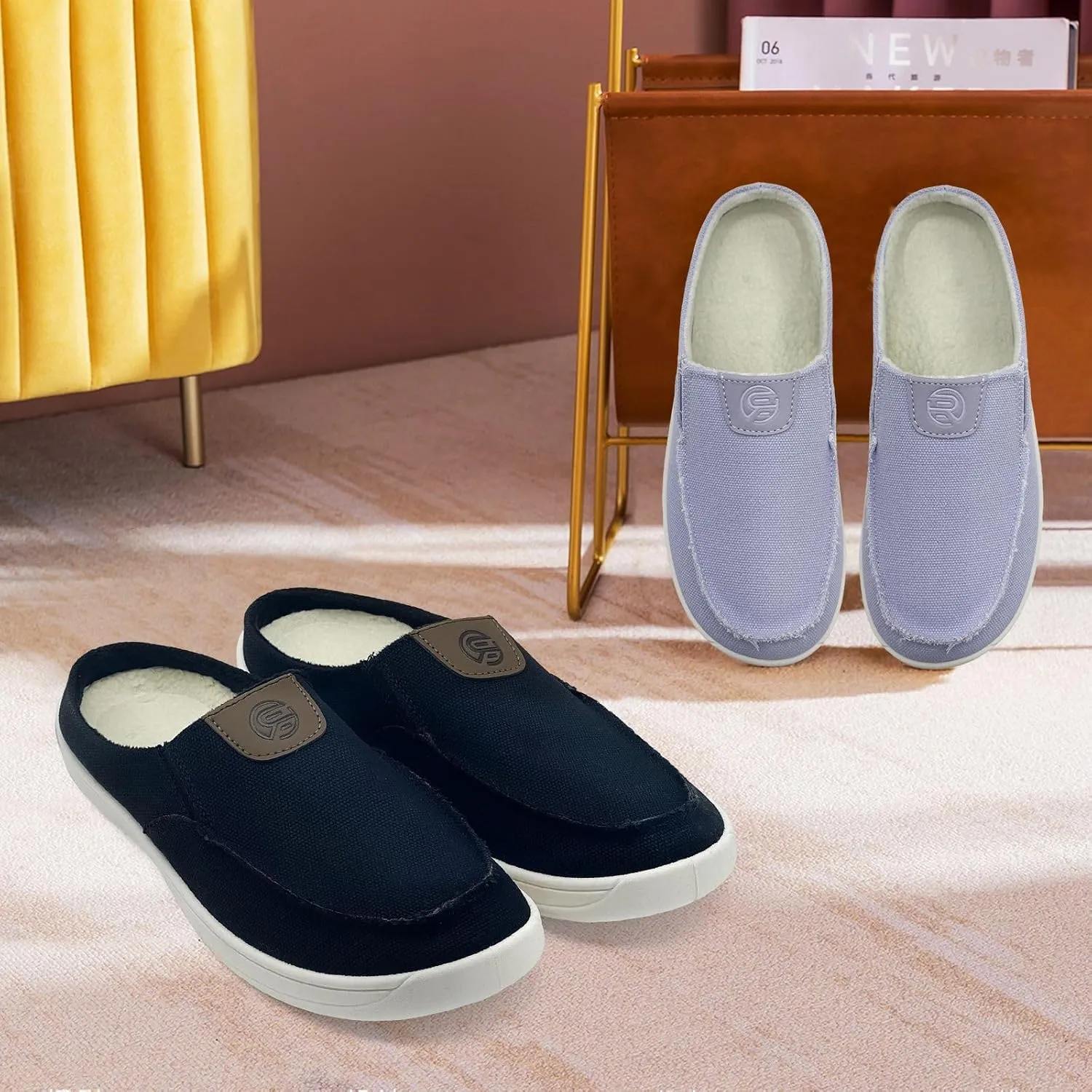 Women Mens Mules Sneakers Winter Warm with Fur Lined Slip-on Mules Slippers Indoor Outdoor Comfort Walking Canvas