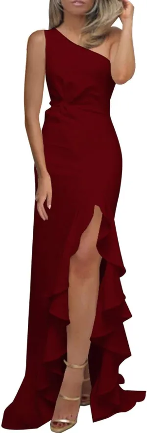 Women One Shoulder High Split Ruched Wedding Guest Evening Cocktail Formal Long Maxi Dresses Elegant Gowns