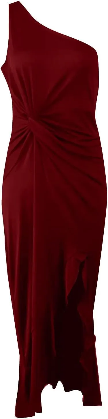 Women One Shoulder High Split Ruched Wedding Guest Evening Cocktail Formal Long Maxi Dresses Elegant Gowns