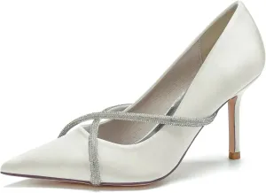 Women Pointed Toe Pumps Shoes Heel Wedding Bridal Shoes Crisscross Dress Party Rhinestone Shoes