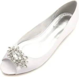 Women Satin Rhinestones Wedding Flat Peep Toe Slip on Formal Party Dress Flat Shoes 5049-30