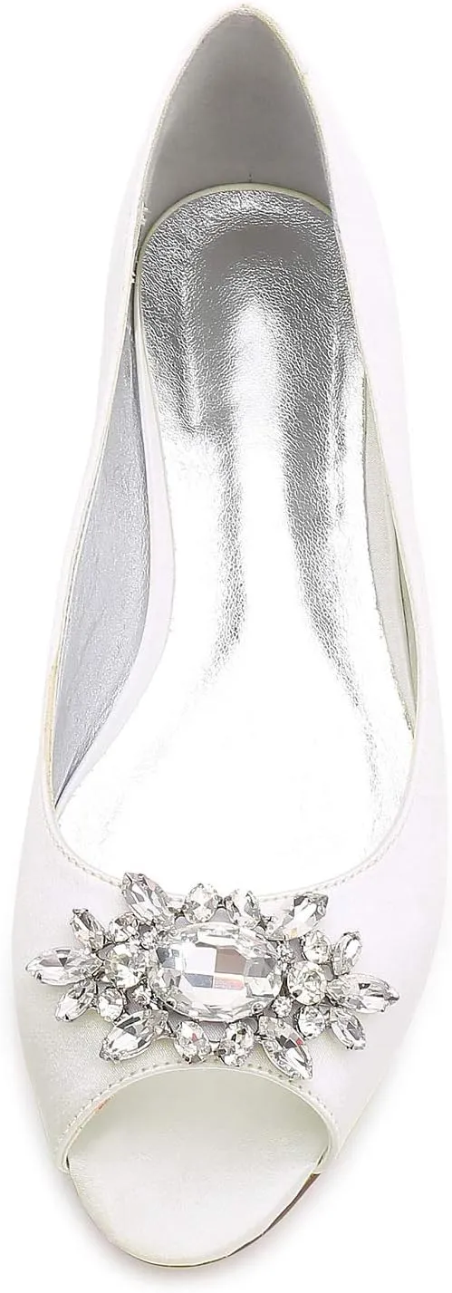 Women Satin Rhinestones Wedding Flat Peep Toe Slip on Formal Party Dress Flat Shoes 5049-30