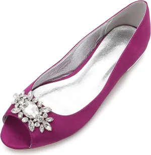 Women Satin Rhinestones Wedding Flat Peep Toe Slip on Formal Party Dress Flat Shoes 5049-30