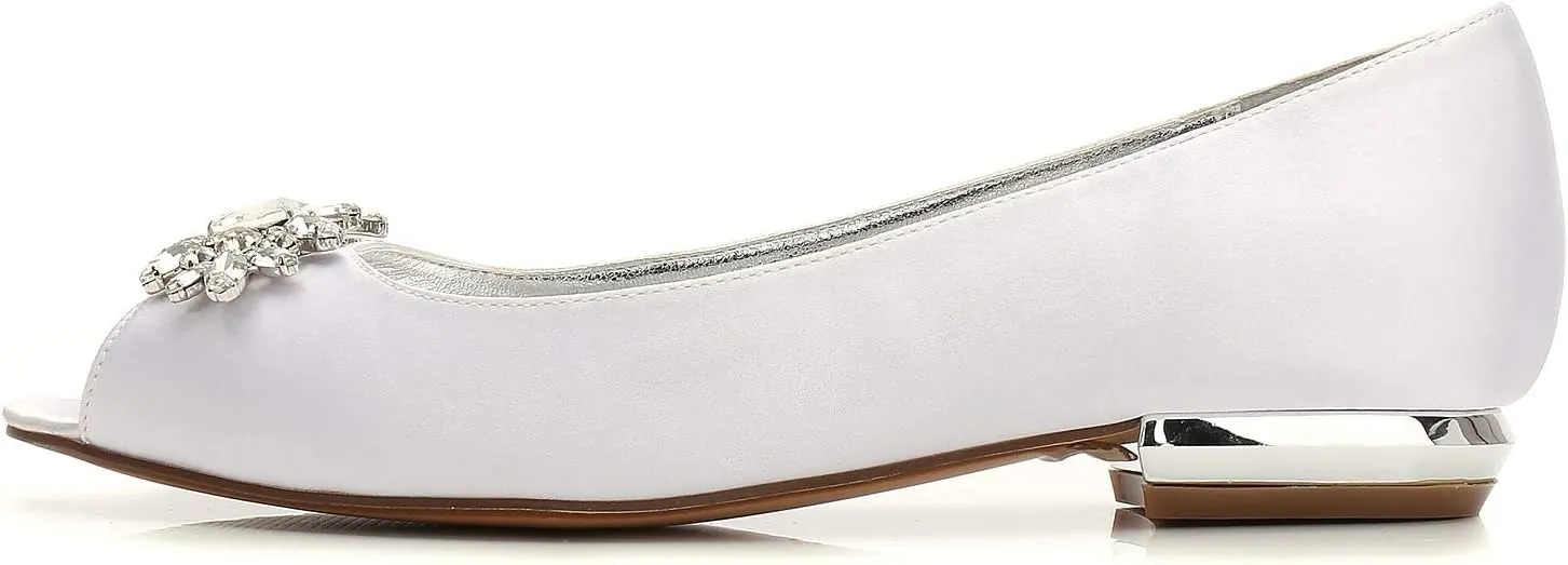 Women Satin Rhinestones Wedding Flat Peep Toe Slip on Formal Party Dress Flat Shoes 5049-30