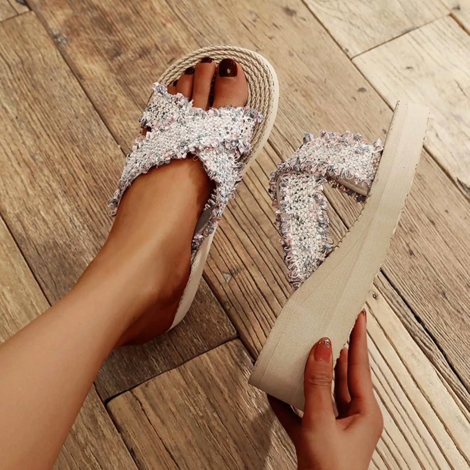 Women's 2025 Distressed Wedge Slipper Anti-Slip Solid Sandals Platform Elegant Business Slide Summer Sandal