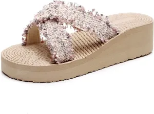 Women's 2025 Distressed Wedge Slipper Anti-Slip Solid Sandals Platform Elegant Business Slide Summer Sandal