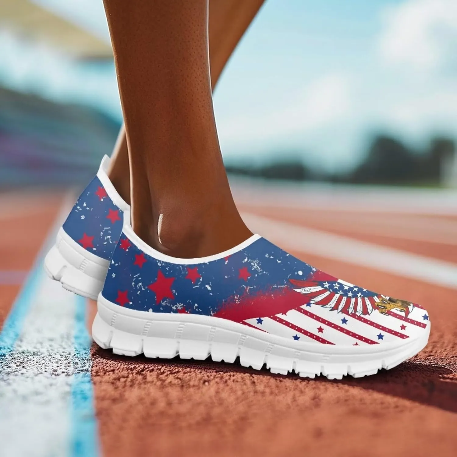 Women's American Flag Sneaker Slip On Low Top Soft Casual Breathable Mesh Outdoor Lightweight Flat Walking Sneaker