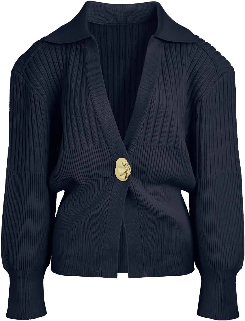 Women's Cardigan V-Neck Lapel Long Sleeve Knitted Cropped Casual Sweater with Metal Button 2025