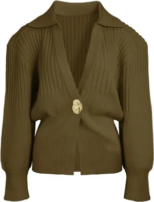 Women's Cardigan V-Neck Lapel Long Sleeve Knitted Cropped Casual Sweater with Metal Button 2025