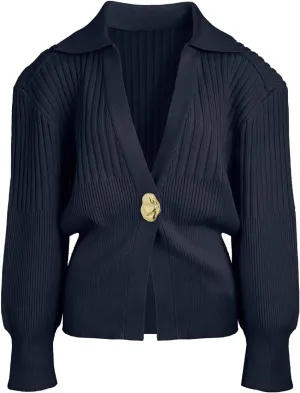 Women's Cardigan V-Neck Lapel Long Sleeve Knitted Cropped Casual Sweater with Metal Button 2025