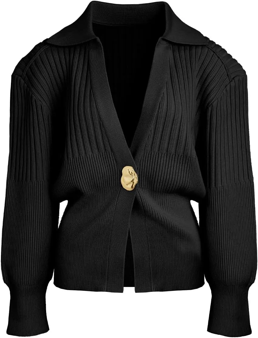 Women's Cardigan V-Neck Lapel Long Sleeve Knitted Cropped Casual Sweater with Metal Button 2025