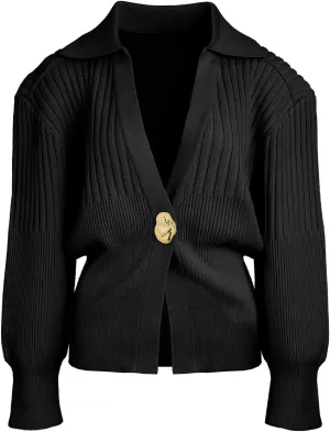 Women's Cardigan V-Neck Lapel Long Sleeve Knitted Cropped Casual Sweater with Metal Button 2025