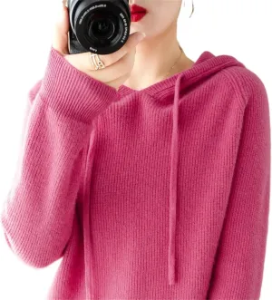 Womens Cashmere with Pullovers,Winter Casual Knitting Hoodie Fashion Sweater,Fall Drawstring Thick Sweater