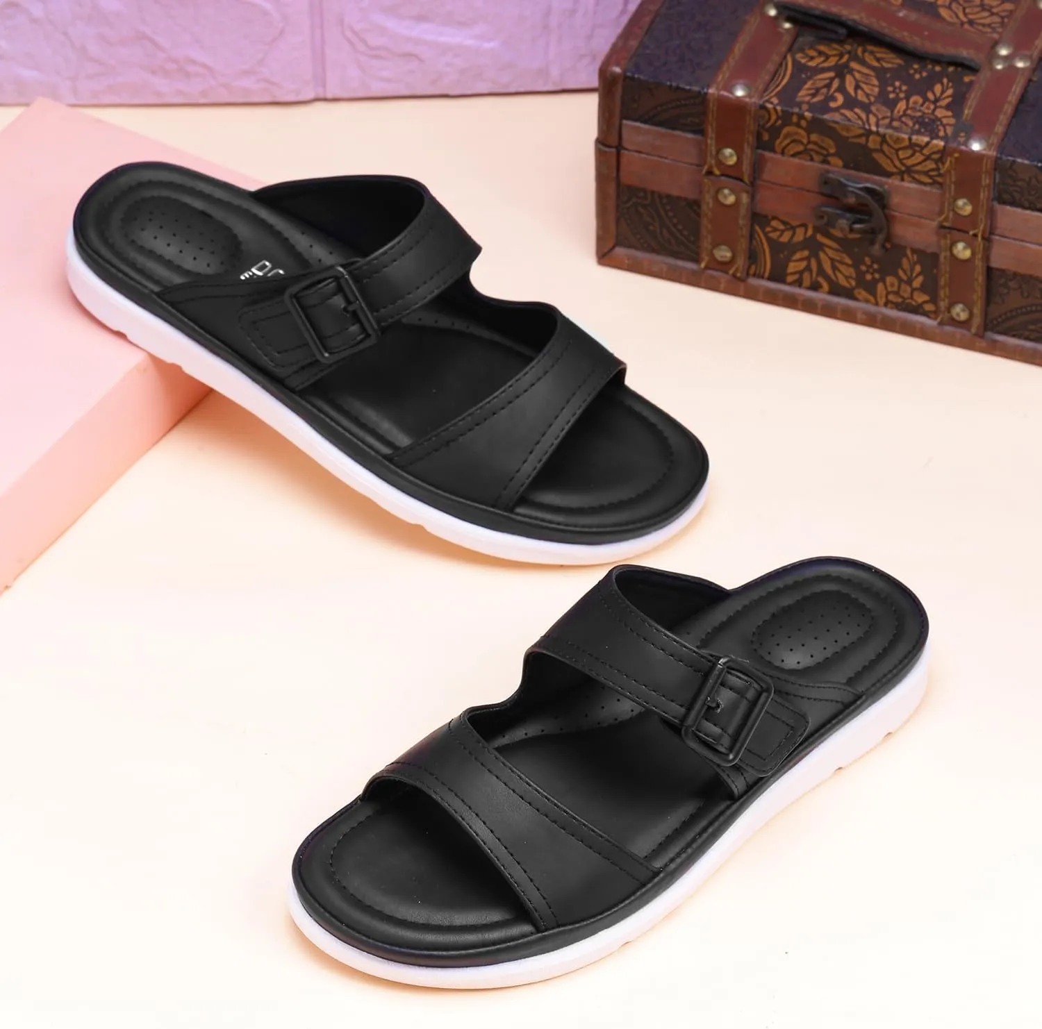 Womens Flat Memory Foam Slippers/Flip-Flops Fashion Stylish Casual Comfortable Diabetic Orthopedic Lightweight Synthetic Slip-on Sandals with Adjustable Buckle for Girls/Ladies D-631