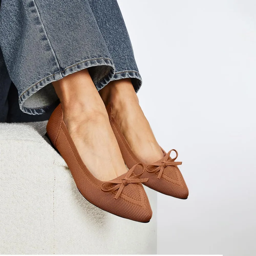Women's Flats Pointed Toe Bow Knit Ballet Shoes Comfortable Dressy Mesh Slip On Flat