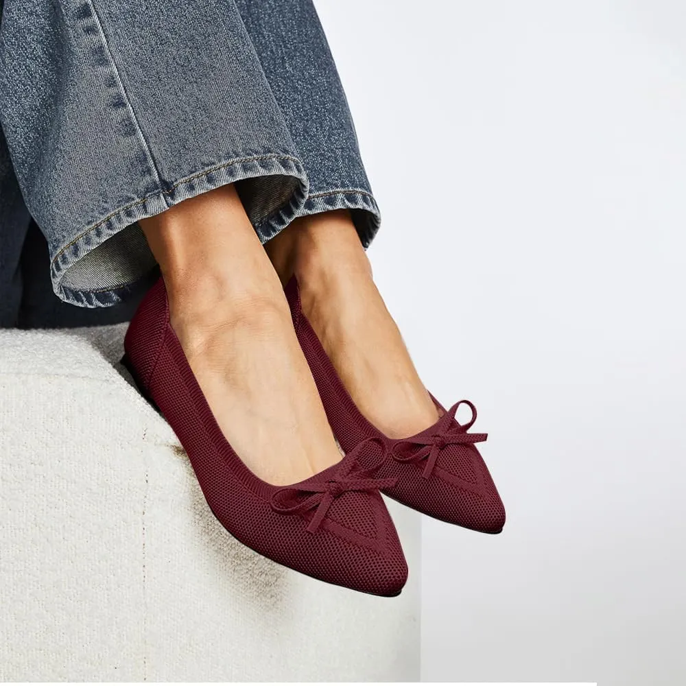 Women's Flats Pointed Toe Bow Knit Ballet Shoes Comfortable Dressy Mesh Slip On Flat