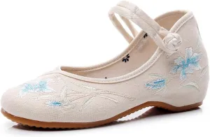 Women's Floral Embroidered Buckle Flat Shoes Handmade Flower Embroidery Round Toe Dress Mary Jane Shoes Cheongsam Shoes