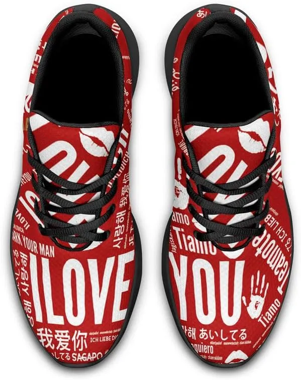 Womens Floral Walking Shoes Love Heart Print Mesh Breathable Comfort Walking Sneaker Sports Athletic Training Tennis Shoes