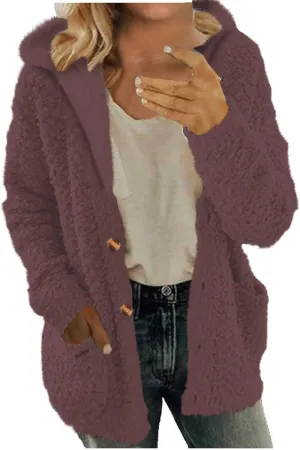 Women'S Fuzzy Fleece Hooded Cardigan 2024 Winter Jacket Long Sleeve Soft Open Front Outerwear Coat With Pockets