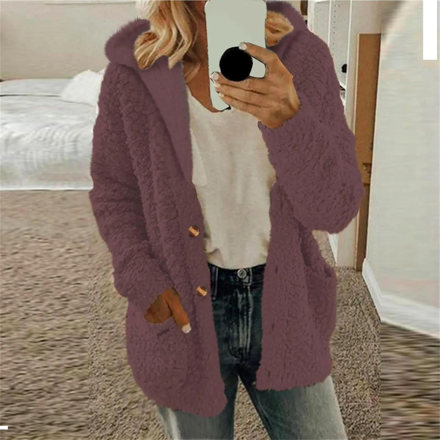 Women'S Fuzzy Fleece Hooded Cardigan 2024 Winter Jacket Long Sleeve Soft Open Front Outerwear Coat With Pockets