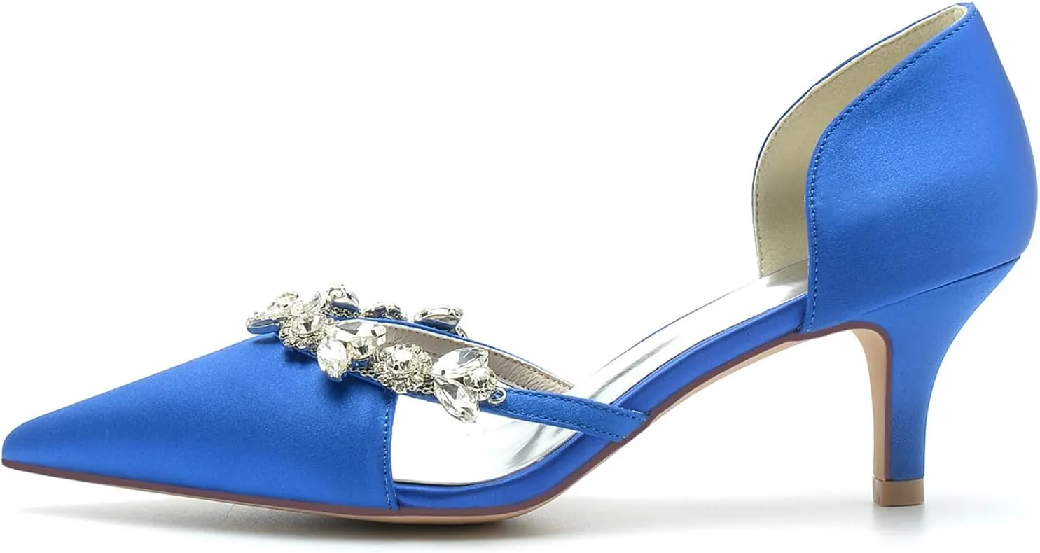 Women's High Heel Bridal Shoes with Crystal Satin Pointed Toe Dress Pumps Slip on Evening Party Wedding Court Shoes