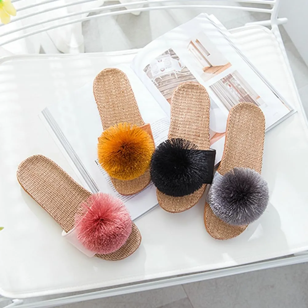 Women's Linen Non-slip Slides Slippers Fluffy Pompom Cozy Sandals Open Toe Indoor Outdoor Flat Slippers 2025
