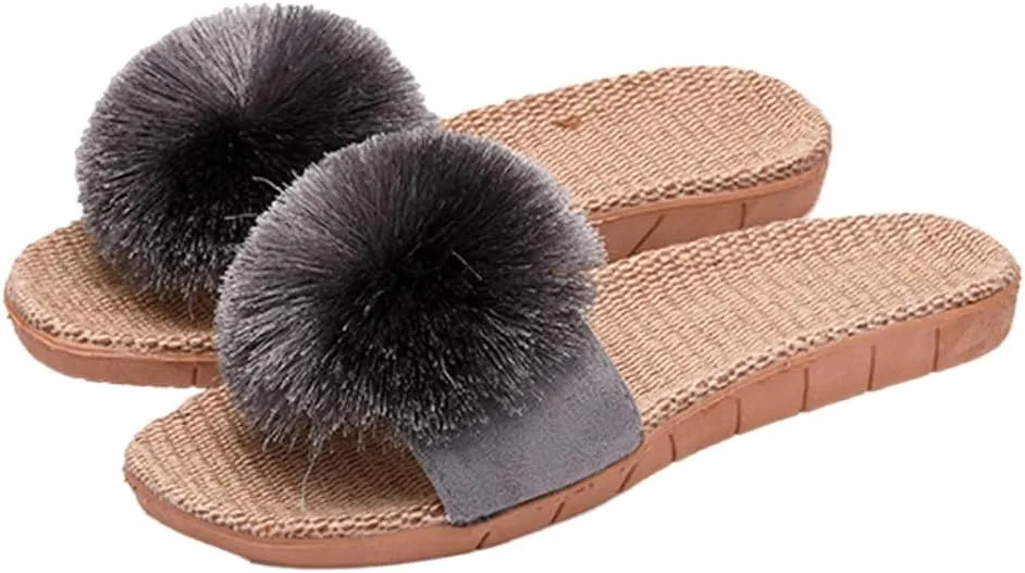 Women's Linen Non-slip Slides Slippers Fluffy Pompom Cozy Sandals Open Toe Indoor Outdoor Flat Slippers 2025