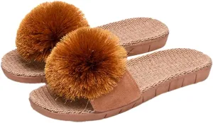 Women's Linen Non-slip Slides Slippers Fluffy Pompom Cozy Sandals Open Toe Indoor Outdoor Flat Slippers 2025