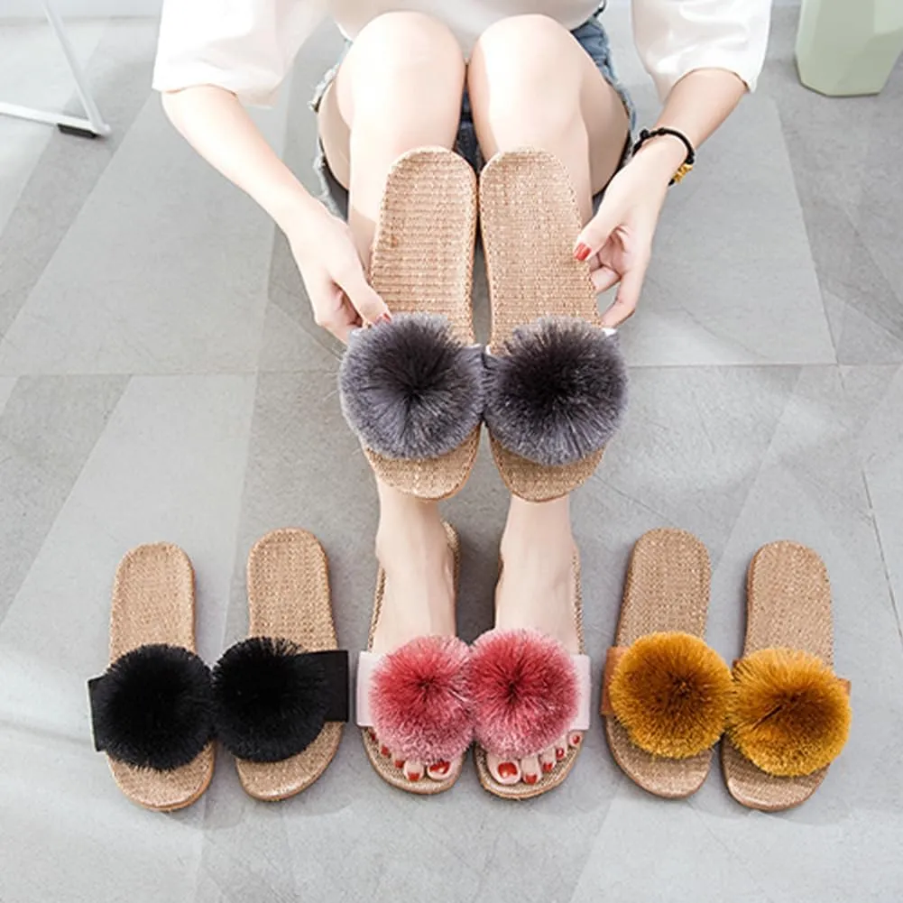 Women's Linen Non-slip Slides Slippers Fluffy Pompom Cozy Sandals Open Toe Indoor Outdoor Flat Slippers 2025