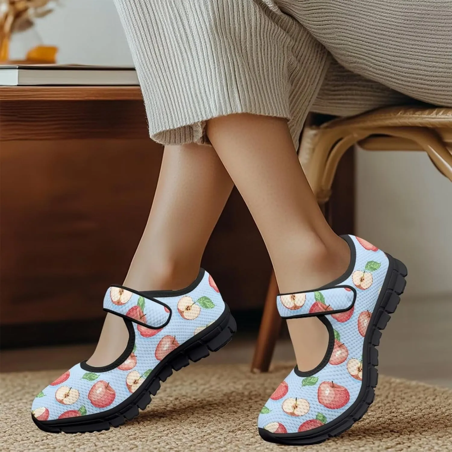 Womens Mary Jane Shoes Fruits Print Lightweight Breathable Anti Slip Casual Sneaker with Magic Sticker