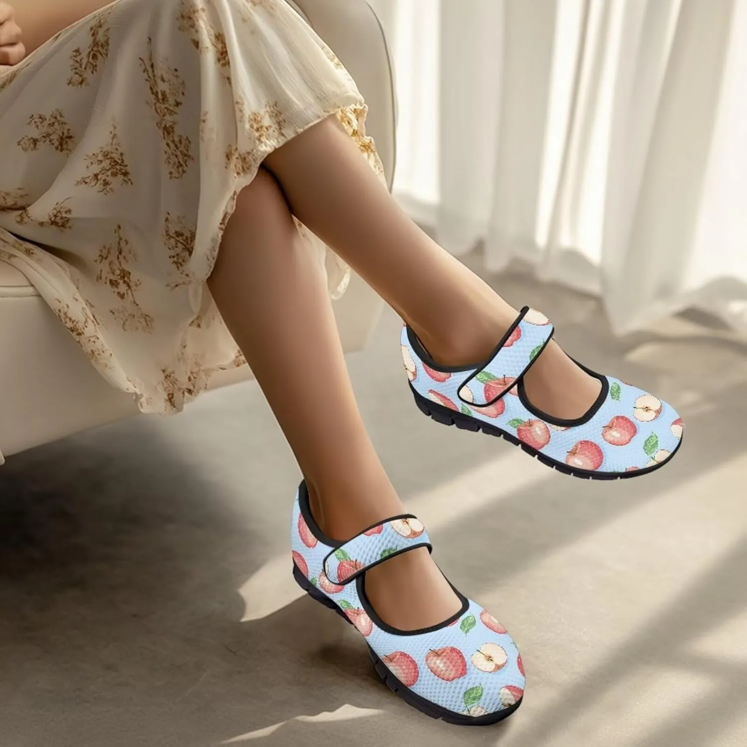 Womens Mary Jane Shoes Fruits Print Lightweight Breathable Anti Slip Casual Sneaker with Magic Sticker