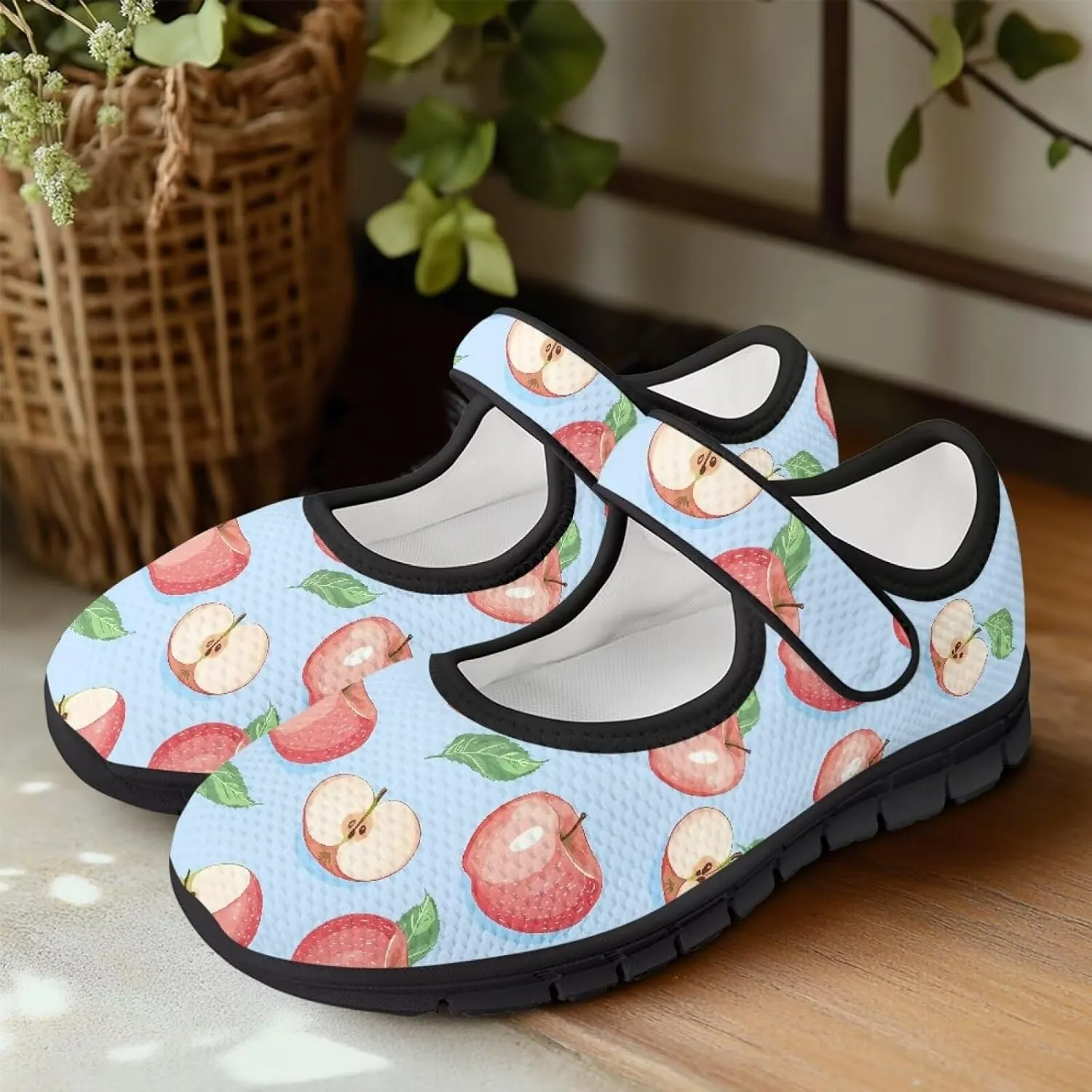 Womens Mary Jane Shoes Fruits Print Lightweight Breathable Anti Slip Casual Sneaker with Magic Sticker