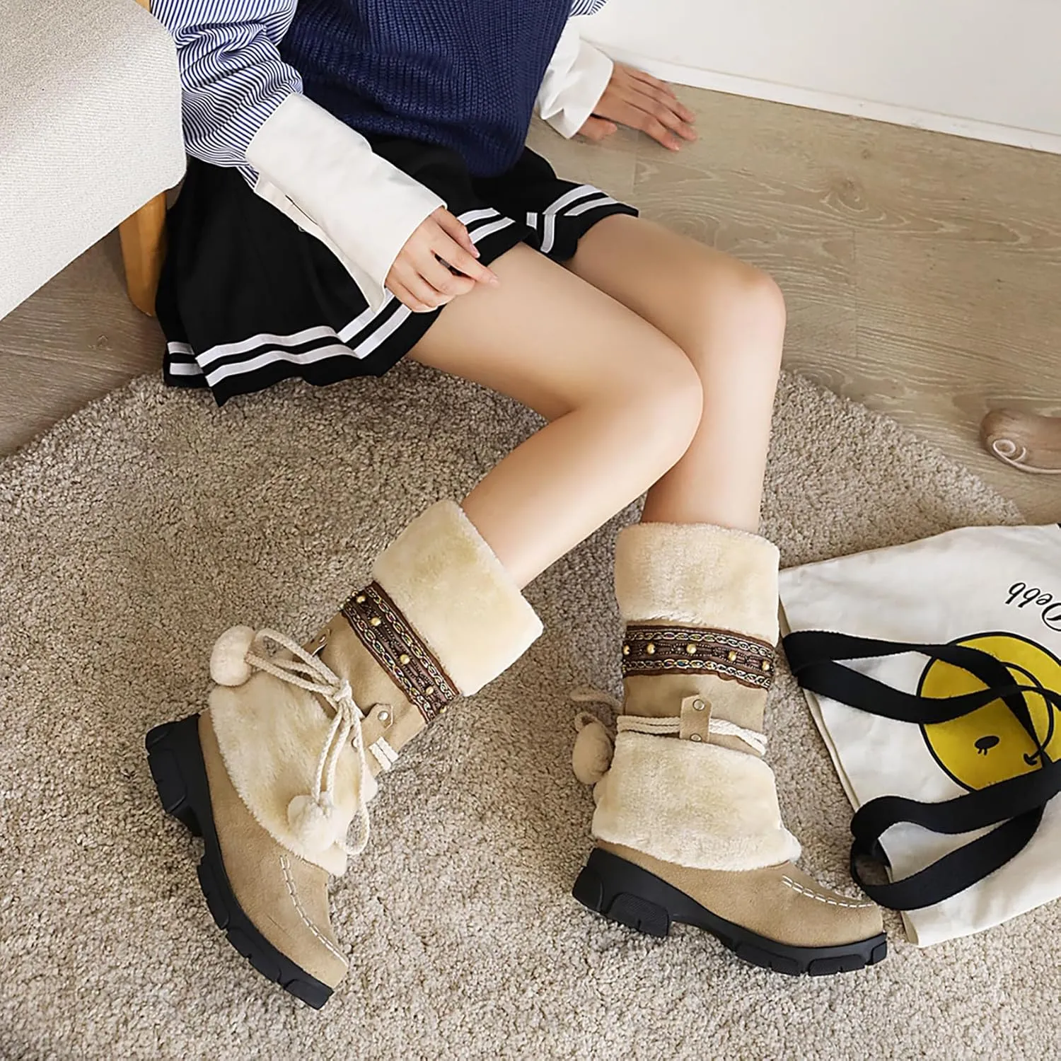 Women's Mid-Calf Slip On Winter Snow Boots, Classic Round Toe Suede Faux Fur Cozy Warm Comfortable Winter Booties Low Heel Hairball Flat Soled Shoes