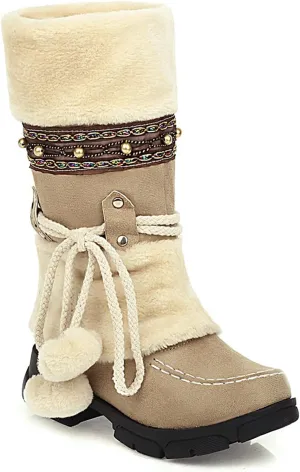 Women's Mid-Calf Slip On Winter Snow Boots, Classic Round Toe Suede Faux Fur Cozy Warm Comfortable Winter Booties Low Heel Hairball Flat Soled Shoes