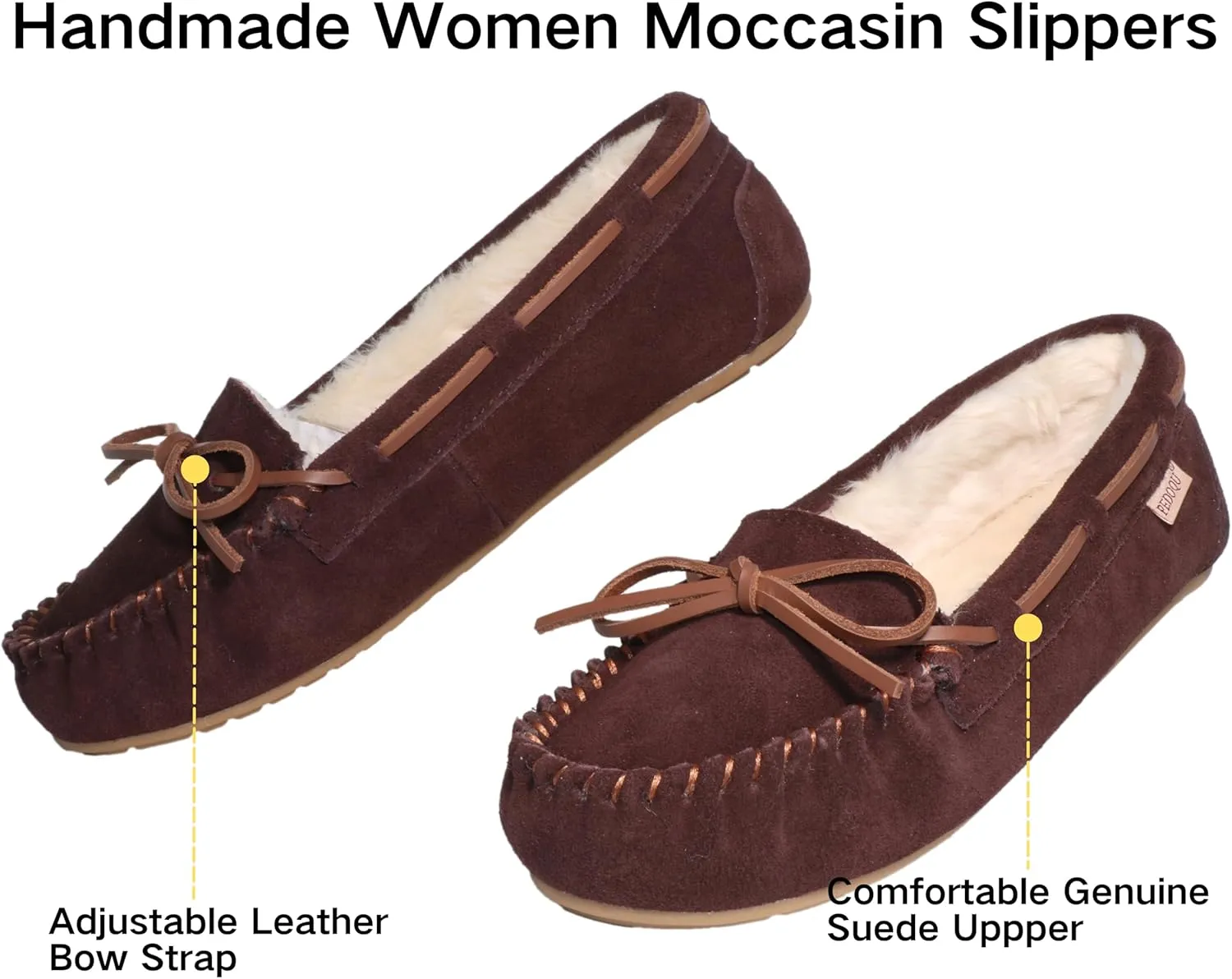 Women's Moccasin Slippers Cow Suede Warm Faux Fur Pile Lined Lace-Up Bow Cozy Indoor & Outdoor Slip On Loafers Shoes for Women