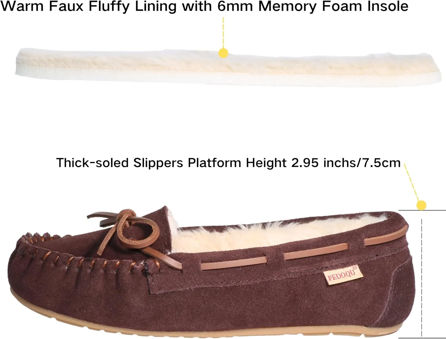 Women's Moccasin Slippers Cow Suede Warm Faux Fur Pile Lined Lace-Up Bow Cozy Indoor & Outdoor Slip On Loafers Shoes for Women