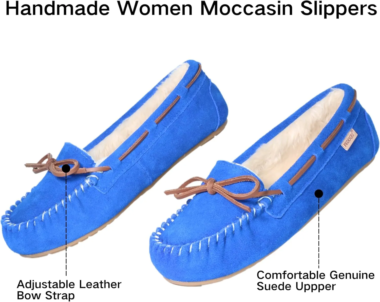 Women's Moccasin Slippers Cow Suede Warm Faux Fur Pile Lined Lace-Up Bow Cozy Indoor & Outdoor Slip On Loafers Shoes for Women