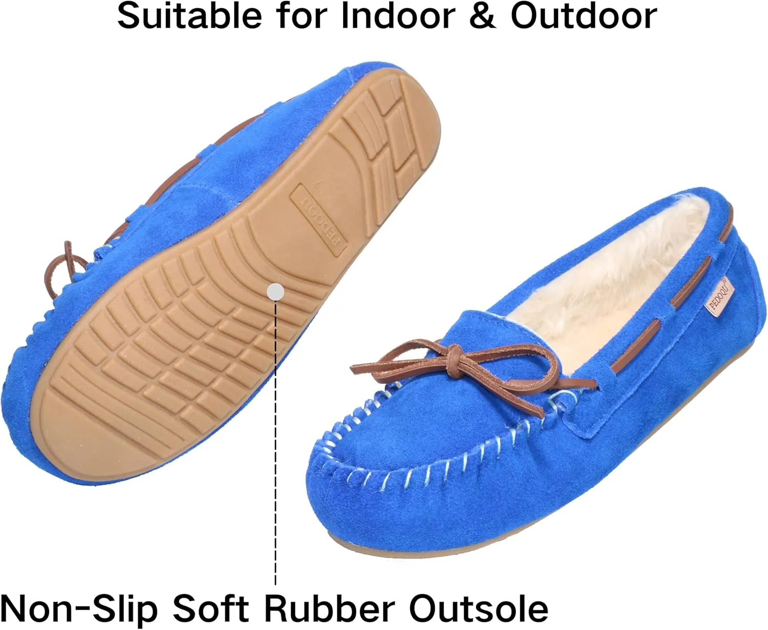 Women's Moccasin Slippers Cow Suede Warm Faux Fur Pile Lined Lace-Up Bow Cozy Indoor & Outdoor Slip On Loafers Shoes for Women