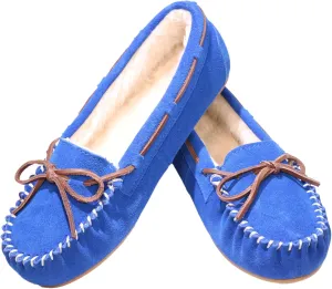 Women's Moccasin Slippers Cow Suede Warm Faux Fur Pile Lined Lace-Up Bow Cozy Indoor & Outdoor Slip On Loafers Shoes for Women