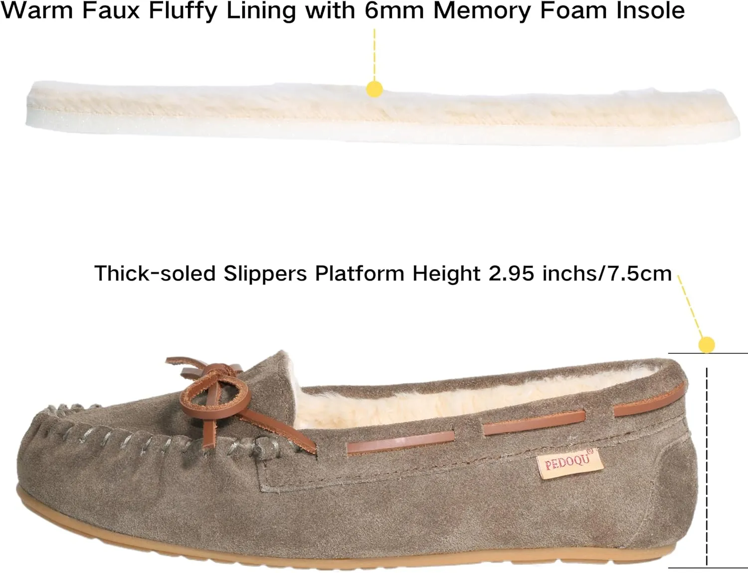 Women's Moccasin Slippers Cow Suede Warm Faux Fur Pile Lined Lace-Up Bow Cozy Indoor & Outdoor Slip On Loafers Shoes for Women