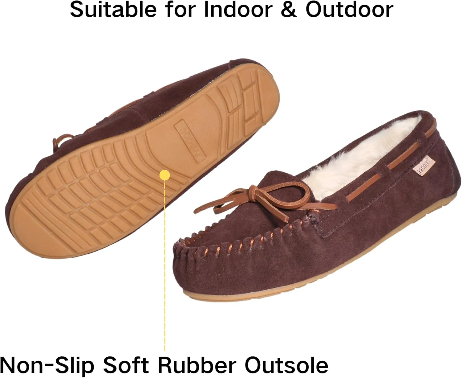 Women's Moccasin Slippers Cow Suede Warm Faux Fur Pile Lined Lace-Up Bow Cozy Indoor & Outdoor Slip On Loafers Shoes for Women