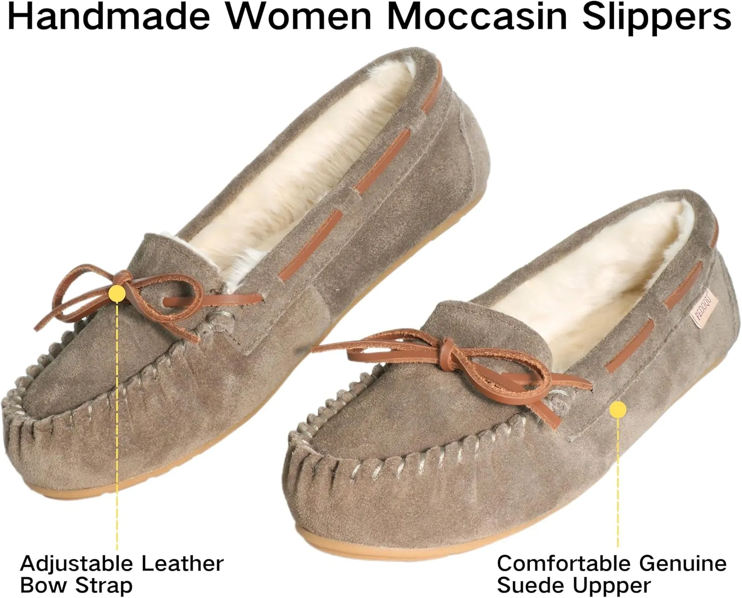 Women's Moccasin Slippers Cow Suede Warm Faux Fur Pile Lined Lace-Up Bow Cozy Indoor & Outdoor Slip On Loafers Shoes for Women