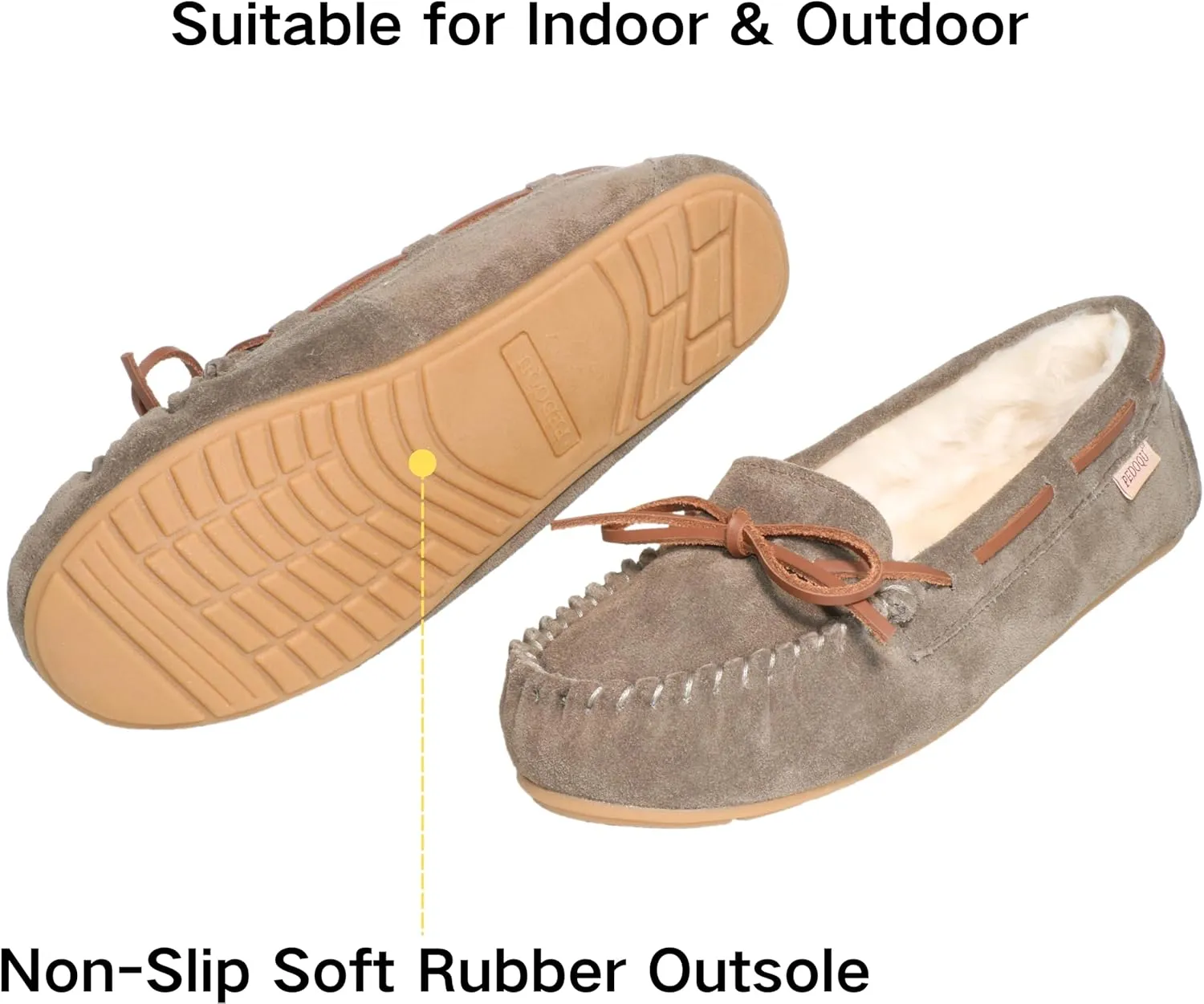 Women's Moccasin Slippers Cow Suede Warm Faux Fur Pile Lined Lace-Up Bow Cozy Indoor & Outdoor Slip On Loafers Shoes for Women