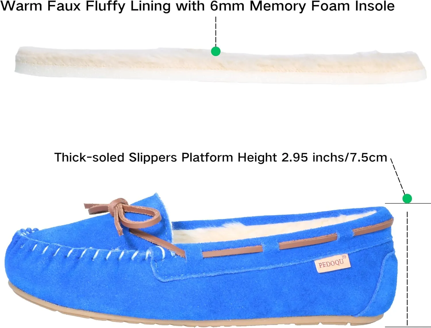 Women's Moccasin Slippers Cow Suede Warm Faux Fur Pile Lined Lace-Up Bow Cozy Indoor & Outdoor Slip On Loafers Shoes for Women