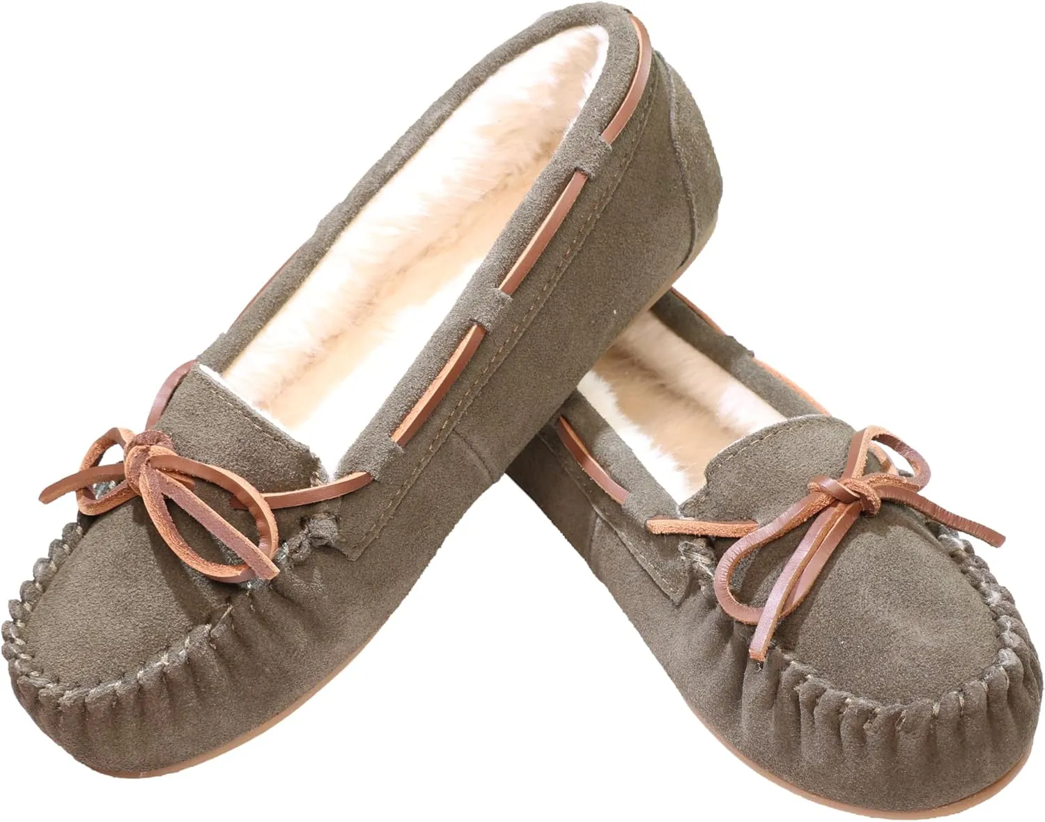 Women's Moccasin Slippers Cow Suede Warm Faux Fur Pile Lined Lace-Up Bow Cozy Indoor & Outdoor Slip On Loafers Shoes for Women