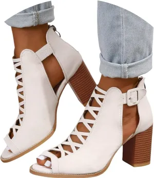 Womens Peep Toe Heels Block Chunky Heeled Sandals for Women Cutout Dress Shoes with Back Zipper Open Toe Summer Ankle Booties